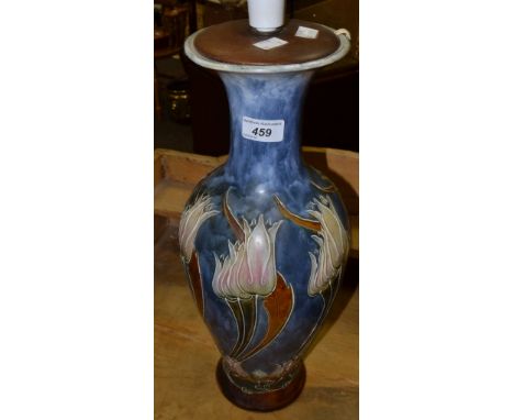 A Royal Doulton stoneware lamp base,  modelled by Elza Simmons,  tube lined with stylised tulips, 46cm high 