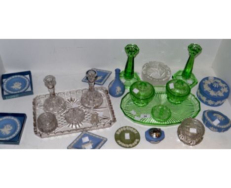 A green glass dressing table set c.1920s; another clear glass; Wedgwood Jasperware trinket pot and cover, Wedgwood Jasperware