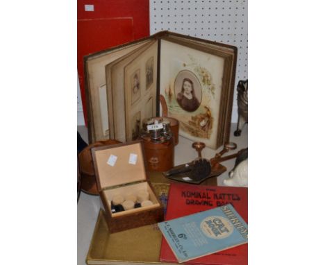 Boxes and objects - A Victorian leather photograph album, including various b/w photographs; a three bottled hunting decanter