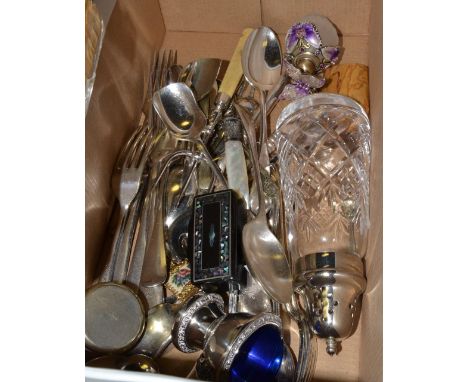 Plated Ware - an EPNS mounted sugar caster;  flatware;  a Victorian papier mache snuff box;  etc 
