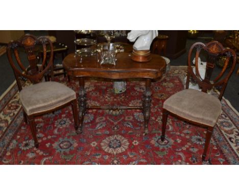 A pair of Edwardian mahogany dining chairs, harp back, boxwood inlay