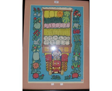 Japanese School, c.1930, Lady driving a tractor of vegetables, signed in pencil, 68cm x 47cm+