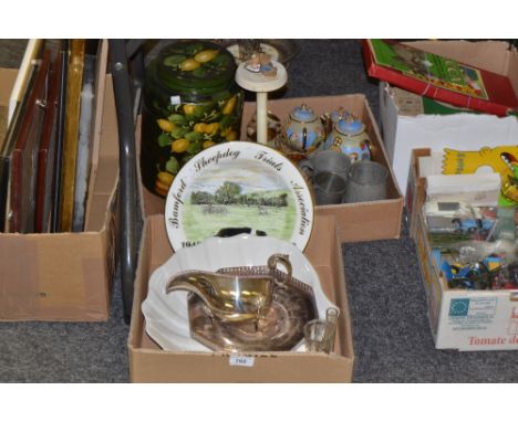 A George III style Sheffield plated sauceboat; pewter mugs; eggshell tea service; etc (2 boxes)