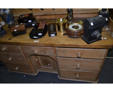 A Victorian pine break centre dresser , shaped three quarter gallery, single shelf, base fitted with seven drawers, turned bu