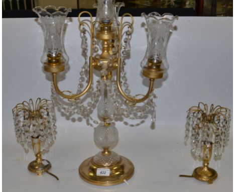 A decorative gilt metal and glass lamp base, with prismatic droppers and swags ; etc (3)