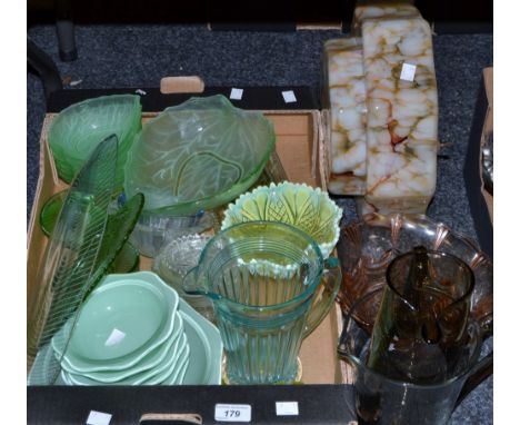 Glassware - green glass dessert service,  another;  a pair of uranium glass salts,  blue glass lemonade jug; a smoky glass wa