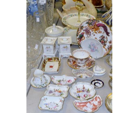 Ceramics- an Abbeydale chrysanthemum pattern pin dish; a pair of Royal Crown Derby Derby posies pattern candle sticks; an Old