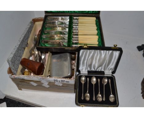 Flatware - cased set of silver coffee spoons, Birmingham 1963;;a pair of silver sugar tongs, London 1826,  knives and forks, 