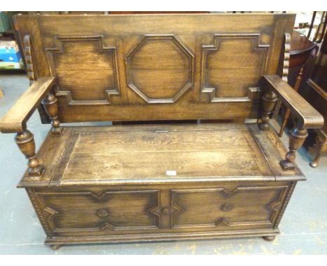 Antique oak monks bench with folding top and lifting seat storage, L: 121 cm