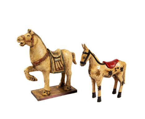 Both pieces are expertly crafted from a wooden base, hand-painted in a light antique white. One showcases bold red and black 