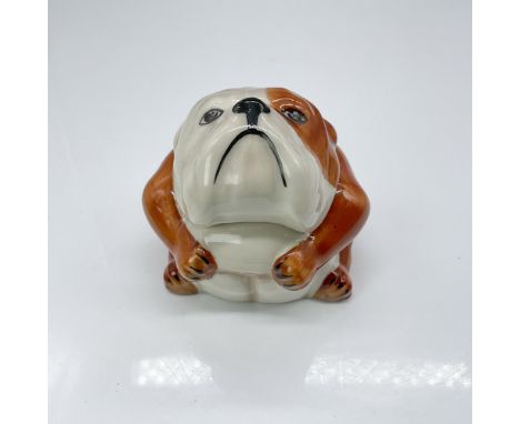 Molded as bulldog with the inscription Woof Woof inside. Light rust-brown and white coloration. Gilded Kevin Francis Face Pot