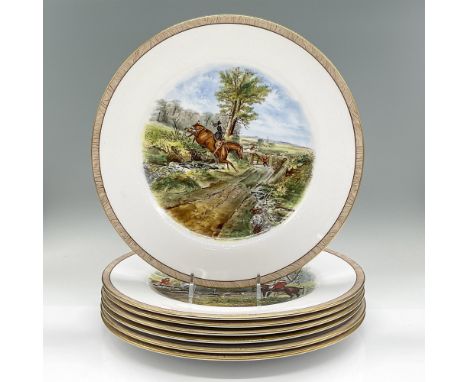 Colorful bone china dinner plates with various images of scenes with people on horses during fox hunting by the artist J.F. H