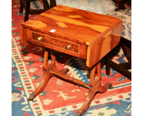 A modern yew wood sofa style telephone table, with a pull out drawer with opposing dummy drawer, 53cm high x 74cm wide