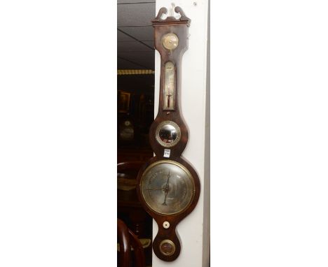 A Georgian rosewood cased banjo barometer, with silvered dial, brass mounted thermometer and temperature reservoirs, 98cm hig