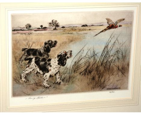 Henry Wilkinson (1921-2011)
'Merry Cockers'
Handcoloured copper plate etching, signed 36/150 in pencil