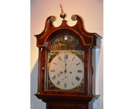 A Victorian mahogany longcase clock, the hood with swan shaped pediment above glazed door enclosing painted enamel dial with 