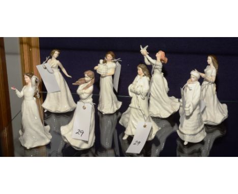Eight small Royal Doulton statuettes; 'Christmas Lantern' HN3953, 'Sentiments Greetings' HN4250, 'With Love' HN3393, 'Christm