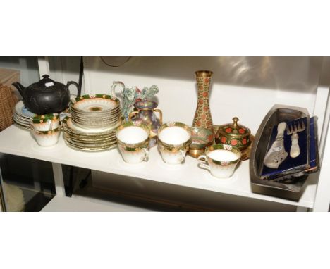 A Wedgwood black basalt teapot, 21cm diameter, together with a Royal Windsor 24 piece teaset, a pair of mother of pearl handl