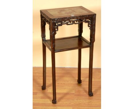 A Chinese rosewood occasional table, with marble inset to the top above a carved frieze and undertier, raised on plain legs w