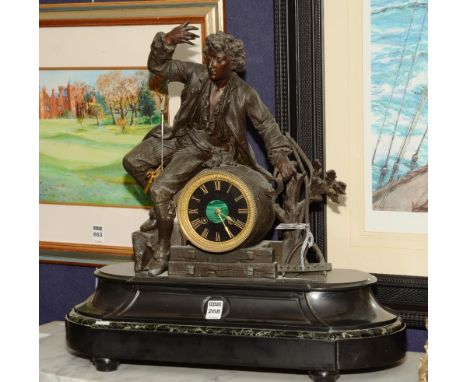 A late Victorian black slate and spelter figural mantel clock, having figure with tools to the top above black enamel and mal