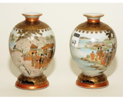 A pair of Japanese Satsuma oviform vases, of small proportions, decorated with figures, trees and seascape scenes, 18cm high 