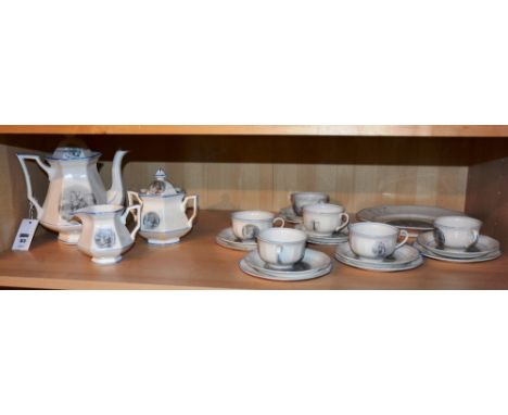 A Sterling China six place teaset, transfer printed with American Historical - Landing of the Pilgrims vignettes against a bl