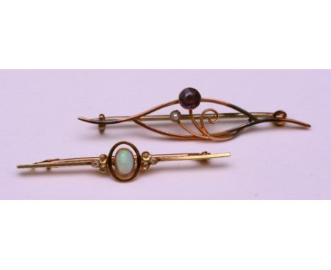 A 9ct gold amethyst and seed pearl bar brooch, together with a 15ct gold and opal brooch, 4.5g (2)