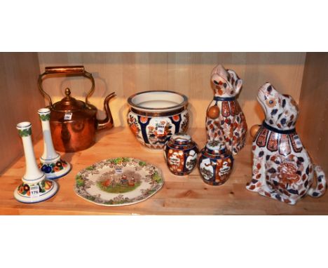 A pair of modern Royal Copenhagen candlesticks, 20cm high, together with modern ceramic vases, dog figures and copper tea ket