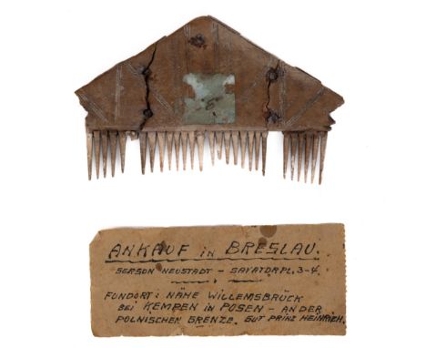 Poland, an antique bone triangular comb, bought in Breslau, With a note of purchase. Found in Willemsbruck, near Kempen in Po