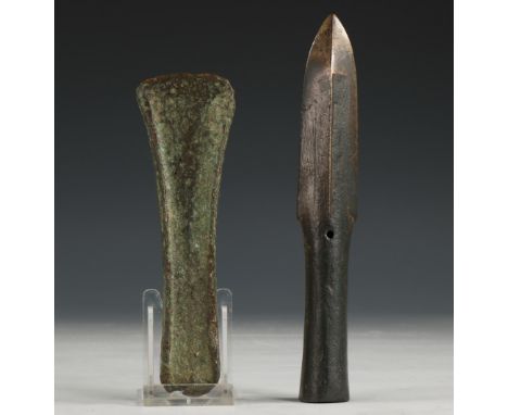 Germany, a bronze spear head and a bronze axe head, Late Bronze Age, ca. 900 BC; L. 17,5 and 14,5 cm. Provenance: Collection 