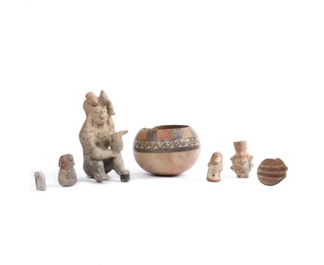 A collection of six various antique Precolumbian terracotta objects; Valdivia bust, Mochica figure and small figure-pot, an I
