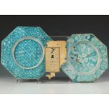 Persia, two earthenware dishes and a manuscript fragment, probably 20th century,
