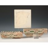 A marble fragment with ancient text, Roman period and two fragments of antique tiles, Iran,