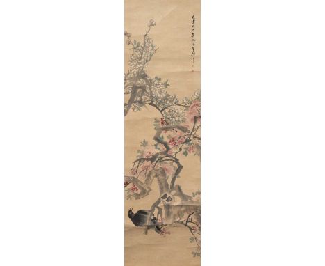 ATTRIBUTED TO REN YI (1840-1895) CRESTED MYNA BIRD AND PEACH BLOSSOM  A Chinese scroll painting, ink and colour paper, inscri