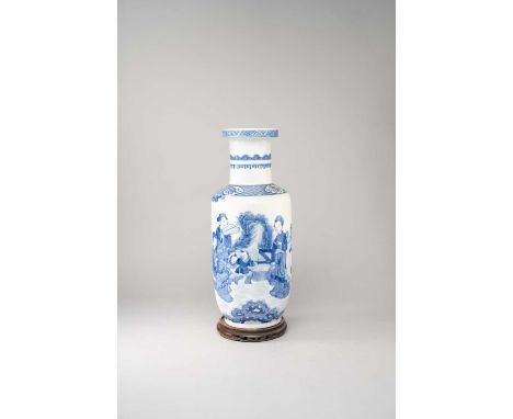 A CHINESE BLUE AND WHITE 'LADIES AND BOYS' ROULEAU VASEEARLY 20TH CENTURYPainted with a group of ladies and boys at leisure u