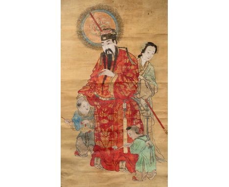 GUAN ZHONGXIAN SCHOLARS AND SHOULAO  A pair of Chinese scroll paintings, ink and colour on silk, inscribed and dated the wint