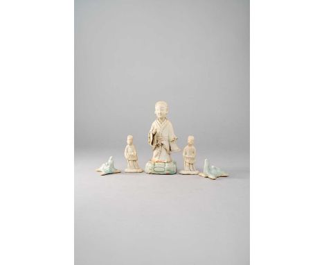 TWO CHINESE QINGBAI INCENSE STICK HOLDERS AND THREE BISCUIT FIGURESSONG/YUAN DYNASTYThe former modelled as tortoises looking 