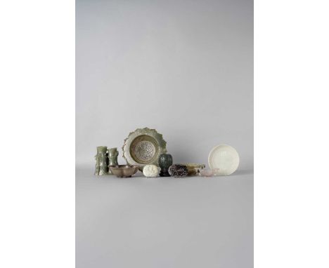 NINE CHINESE JADE AND HARDSTONE ITEMSQING DYNASTY AND LATERComprising: a brushpot formed by two hollow sections of bamboo ste