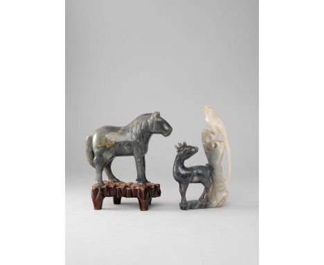 TWO CHINESE JADE CARVINGS OF ANIMALSLATE QING DYNASTY/REPUBLIC PERIODOne a celadon grey jade carving of a horse standing four