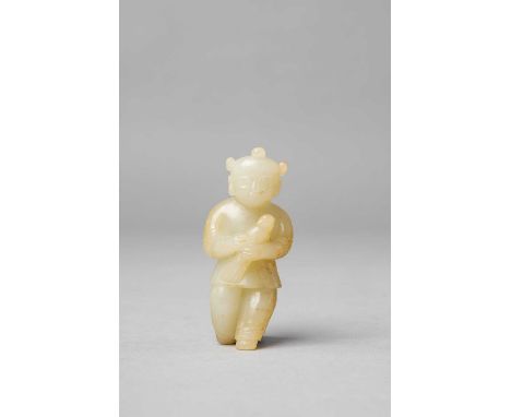 A CHINESE PALE CELADON JADE FIGURE OF A BOYQING DYNASTY OR LATERCarved walking holding a parakeet, the stone flecked with rus