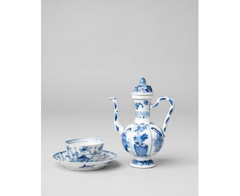 A CHINESE BLUE AND WHITE TEA BOWL AND SAUCERKANGXI 1662-1722Finely painted with bands of equestrians, with a four-character m