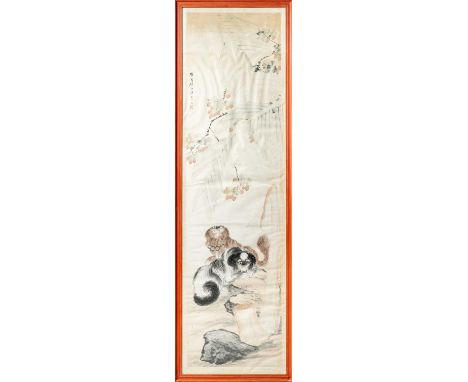 CHEN KANGHUO (1866-1937)PEKINGESE DOGSA Chinese painting depicting a pair of Pekingese dogs beneath apricot and banana trees,