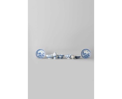 A COLLECTION OF CHINESE BLUE AND WHITE ITEMSQING DYNASTY AND LATERComprising: a pair of Deshima Island dishes; a moulded bowl