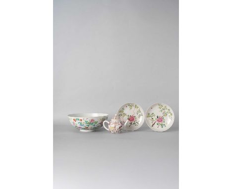 FOUR CHINESE FAMILLE ROSE ITEMS18TH AND 19TH CENTURYComprising: a lotus-moulded teapot and cover painted with panels of anima