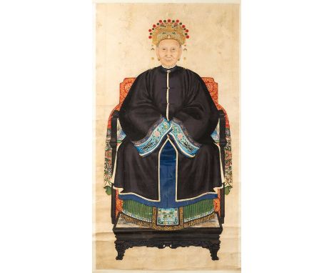 ANONYMOUS (19TH CENTURY)AN ANCESTOR PORTRAITA Chinese scroll painting, ink and colour on paper, depicting a seated lady, wear