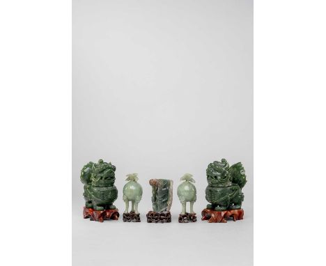FIVE CHINESE HARDSTONE ITEMSQING DYNASTY AND LATERComprising: a pair of spinach-green jade luduan incense burners, their horn