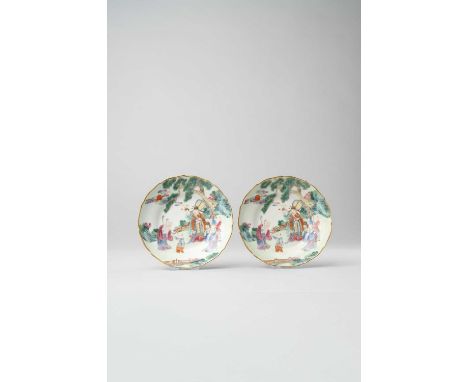 A PAIR OF CHINESE FAMILLE ROSE SAUCERSJIAQING 1796-1820Each depicting the Sanxing and their attendants in a fenced garden wit