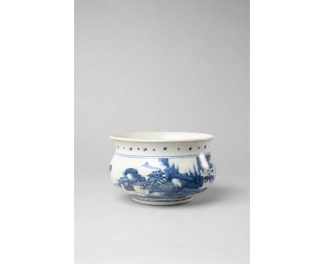 A CHINESE BLUE AND WHITE BOMBE-SHAPED INCENSE BURNERKANGXI 1662-1722Painted with a continuous watery landscape with small fig