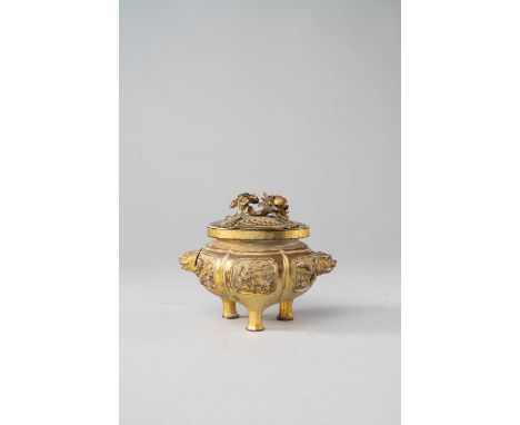 A CHINESE GILT-BRONZE TRIPOD INCENSE BURNERQING DYNASTYThe lobed body decorated with panels of birds and flower branches, inc