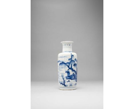 A SMALL CHINESE BLUE AND WHITE ROULEAU VASEKANGXI 1662-1722Painted with figures on a rocky ledge and another in a sampan in a